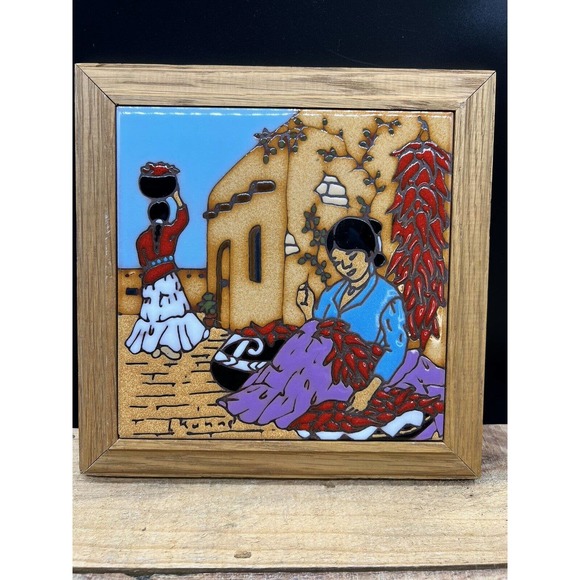 Accents Vintage Leone Kuhne Tile Framed Woman W Chili Peppers Kiln